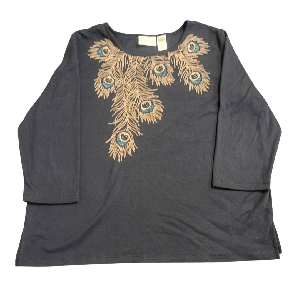 Alfred Dunner Knit Top Womens XL Navy Blue Embroidered Peacock 3/4 Sleeve